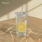 Taza de vidrio rayada con tapa y sorbete 380ml