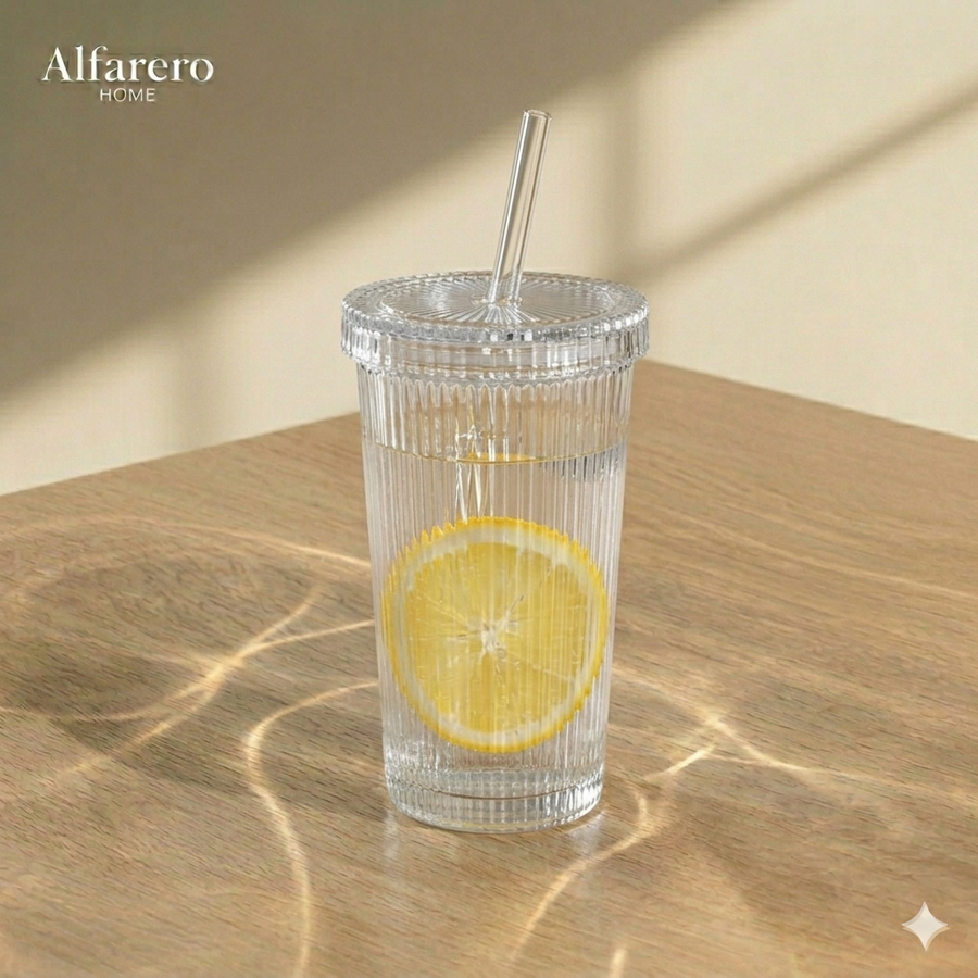 Taza de vidrio rayada con tapa y sorbete 380ml