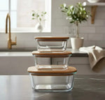 Set de 3 tuppers de vidrio con tapa de madera bambú.