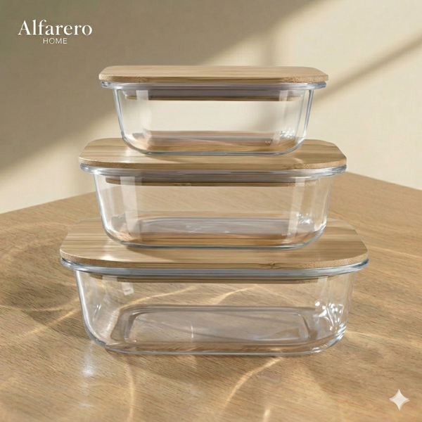 Set de 3 tuppers de vidrio con tapa de madera bambú.