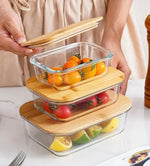 Set de 3 tuppers de vidrio con tapa de madera bambú.